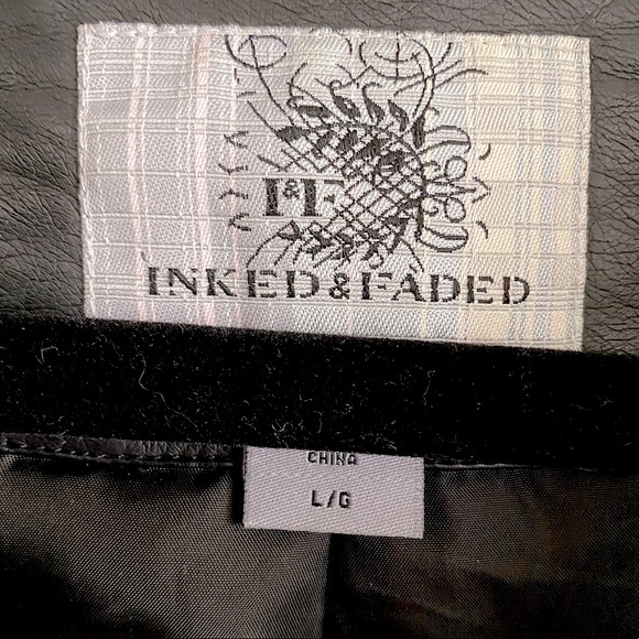 Inked & Faded Faux Leather Button Up Bomber Jacket with Knit Inner Sleeves  - L - Picture 8 of 11